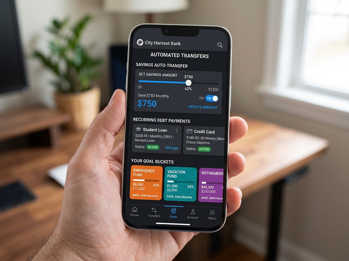 A banking dashboard showing automated transfer settings and goal buckets - automate savings and debt pay