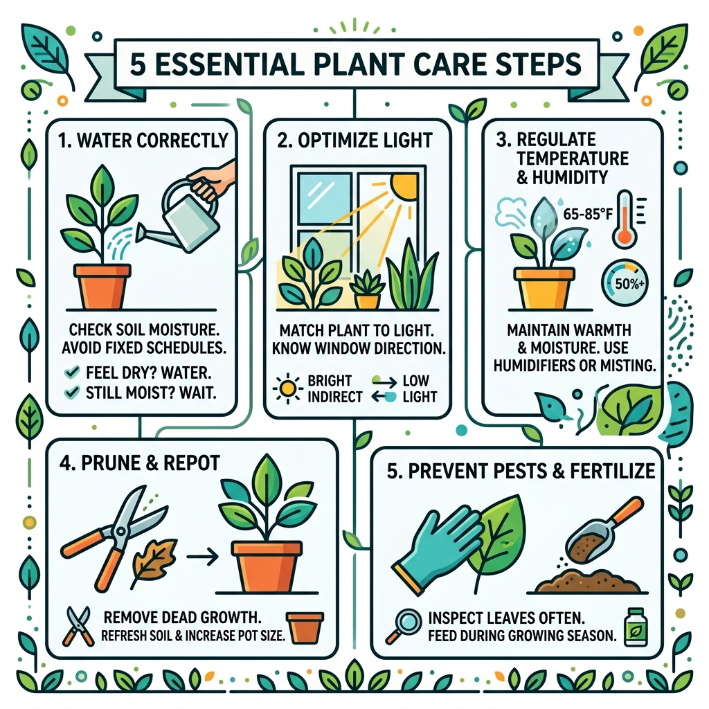 Infographic showing 5 essential plant care steps: watering, light, humidity, pruning, and pest control - 5 ways to take care Infographic showing 5 essential plant care steps: watering, light, humidity, pruning, and pest control - 5 ways to take care