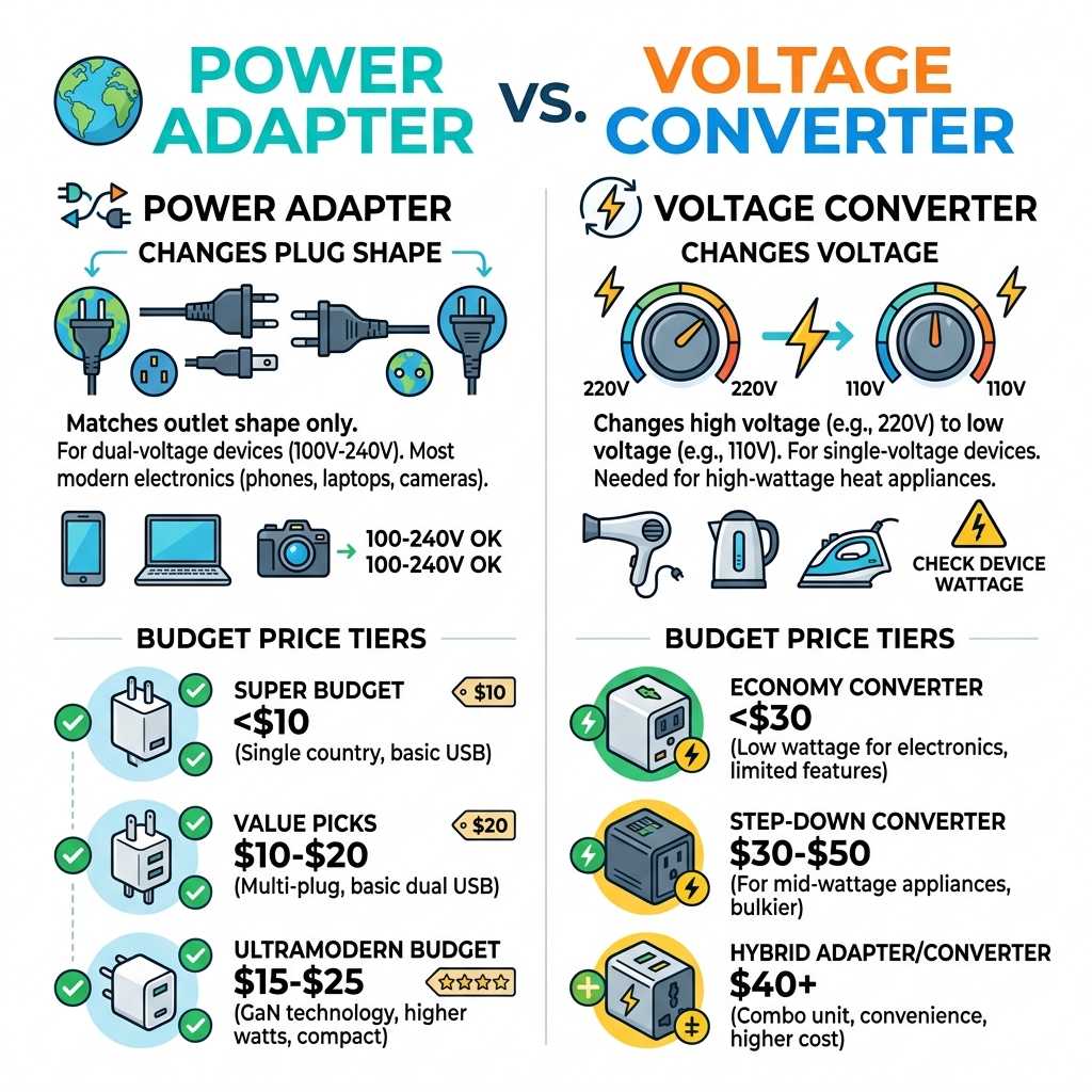 Infographic showing difference between power adapters and voltage converters with budget price tiers - best cheap power