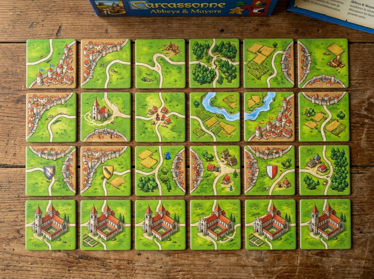 The 12 new landscape tiles and 6 Abbey tiles included in the expansion - carcassonne abbeys and mayors The 12 new landscape tiles and 6 Abbey tiles included in the expansion - carcassonne abbeys and mayors