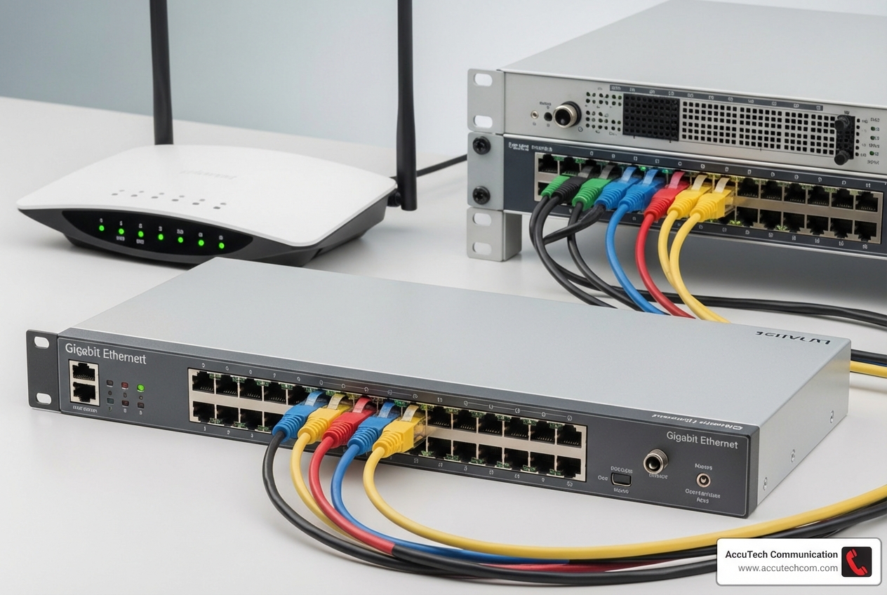 various network hardware components like a switch, router, and patch panel laid out neatly - data network installation various network hardware components like a switch, router, and patch panel laid out neatly - data network installation