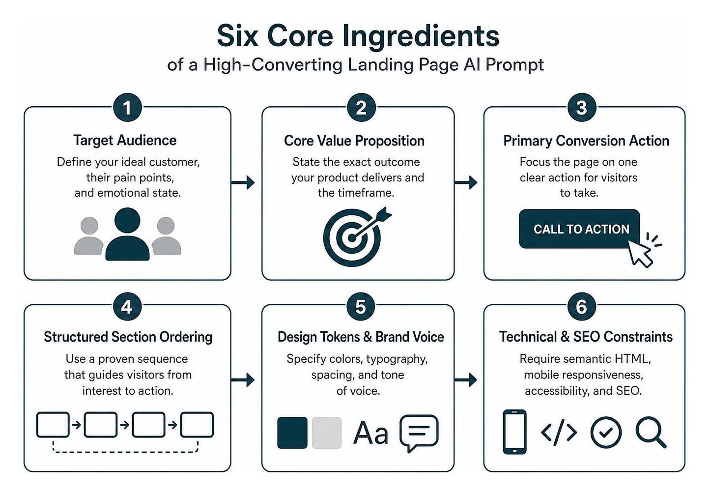 Six core ingredients of a high-converting landing page AI prompt Six core ingredients of a high-converting landing page AI prompt