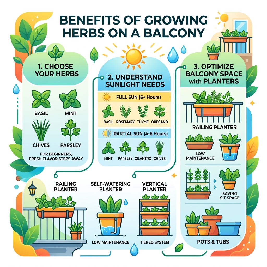 Benefits of growing herbs on a balcony infographic showing sunlight needs, herb types, and planter options - herb planter Benefits of growing herbs on a balcony infographic showing sunlight needs, herb types, and planter options - herb planter
