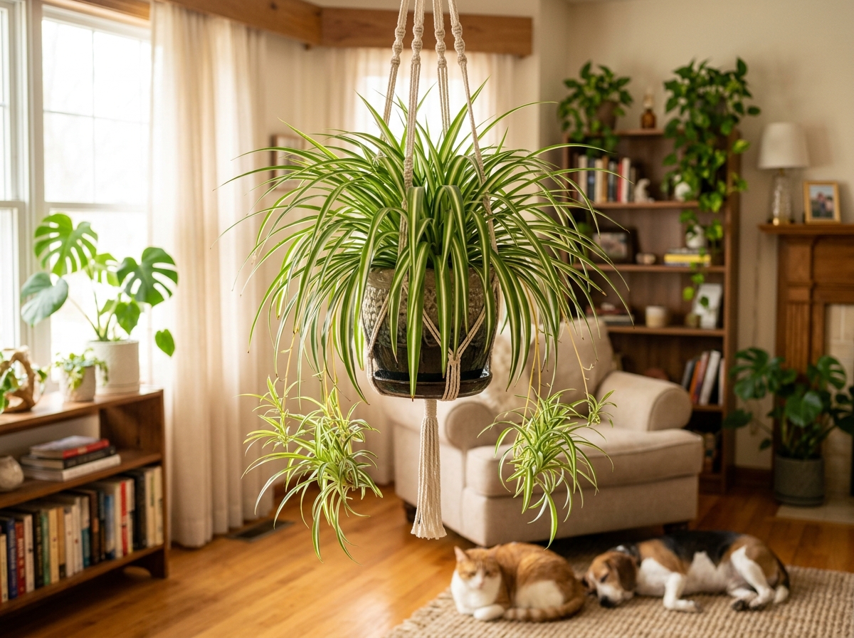 A lush Spider Plant in a hanging basket, safe for cats and dogs - air cleaning plants low light