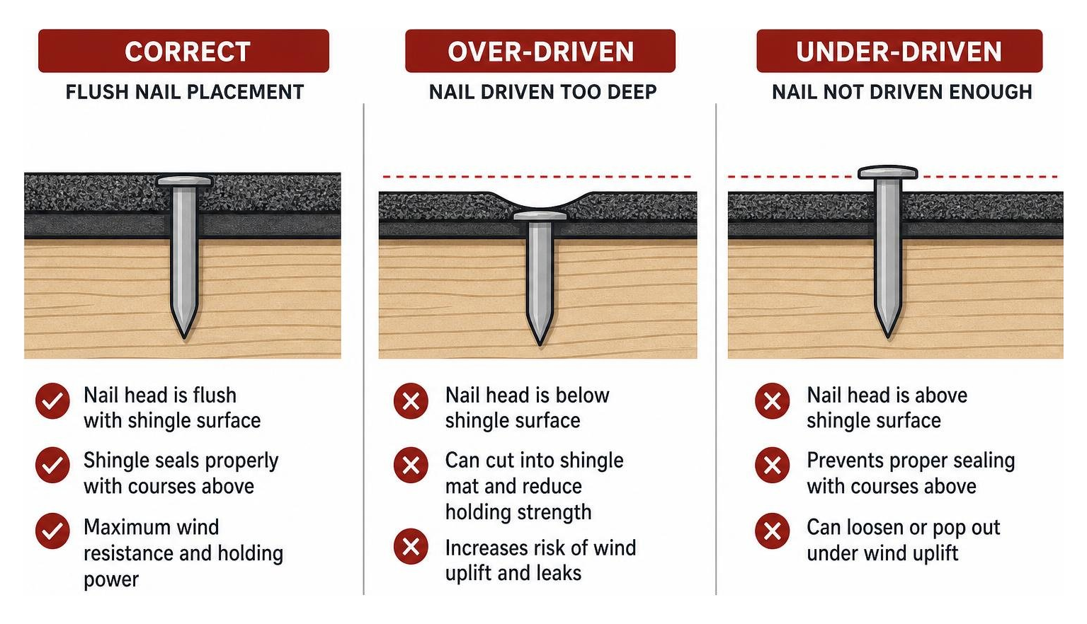 Diagram showing correct flush nail placement versus improper over driven and under driven fasteners Diagram showing correct flush nail placement versus improper over driven and under driven fasteners