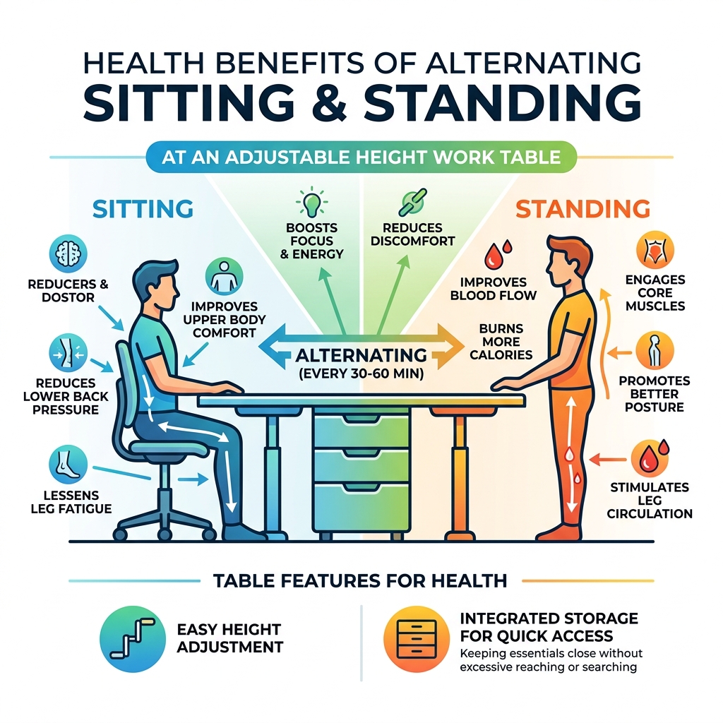 Infographic showing health benefits of alternating sitting and standing at an adjustable height work table with drawers