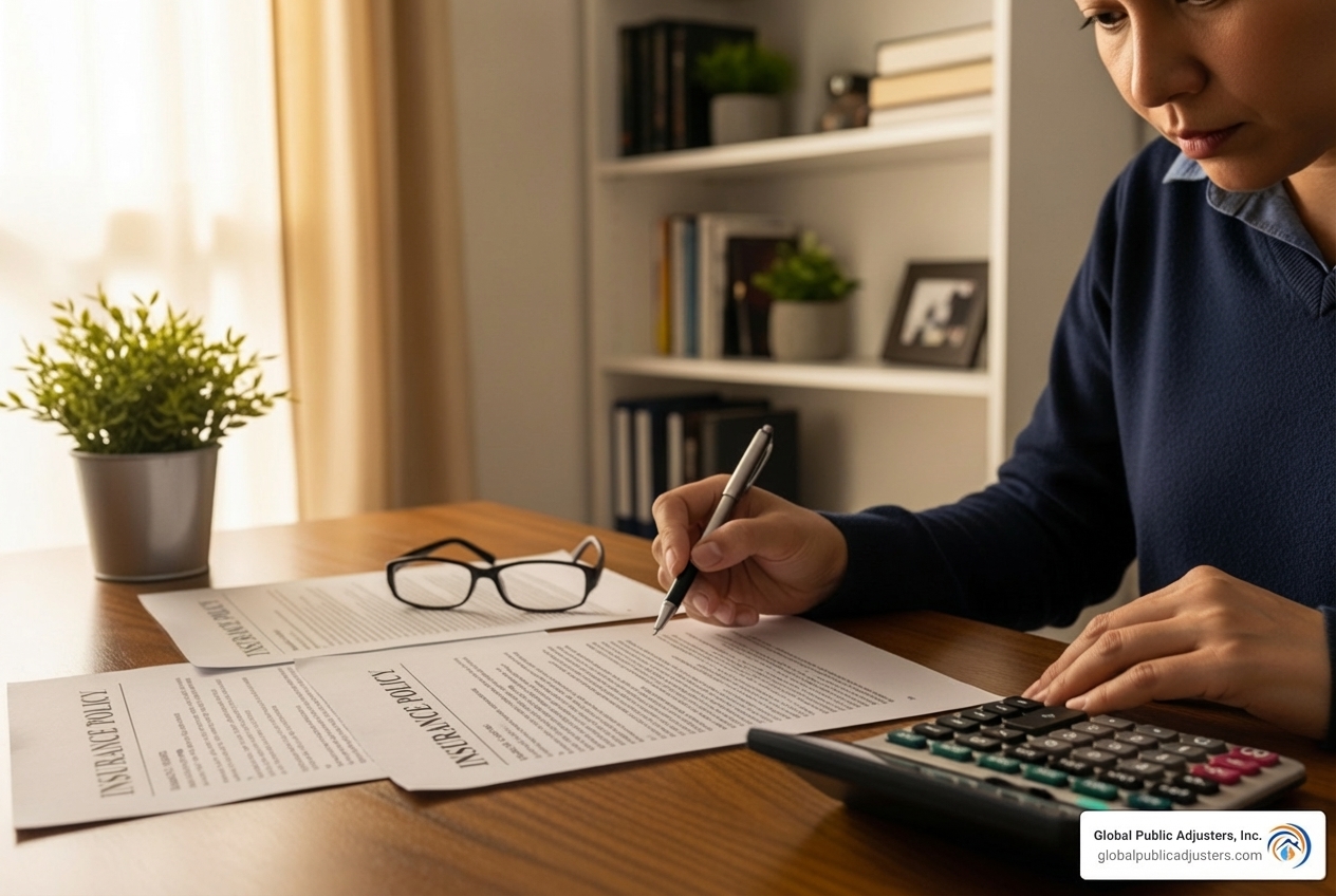 person reviewing insurance policy with calculator - hurricane damage claims miami