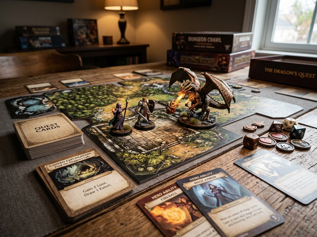 Close-up of high-quality game components including miniatures and detailed map tiles - thematic board games Close-up of high-quality game components including miniatures and detailed map tiles - thematic board games