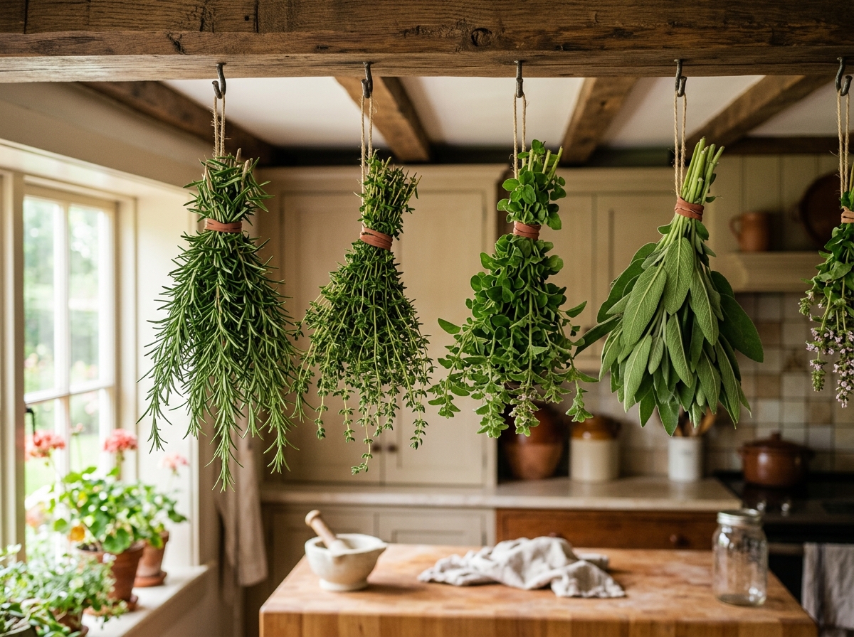 Bundles of herbs tied with rubber bands hanging upside down to dry - harvesting herbs for beginners