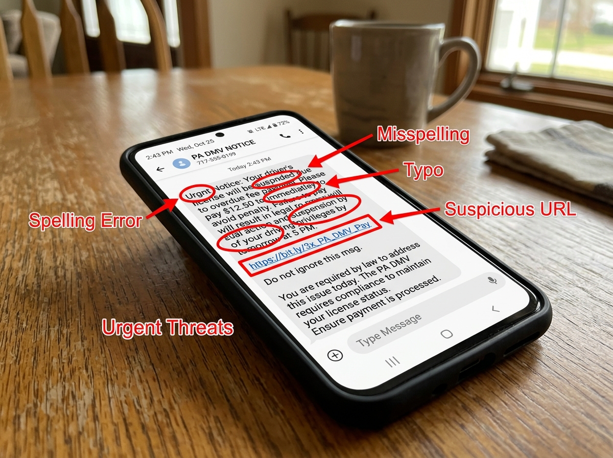 Image highlighting red flags like spelling errors and suspicious links in a text message - pa dmv scam text Image highlighting red flags like spelling errors and suspicious links in a text message - pa dmv scam text