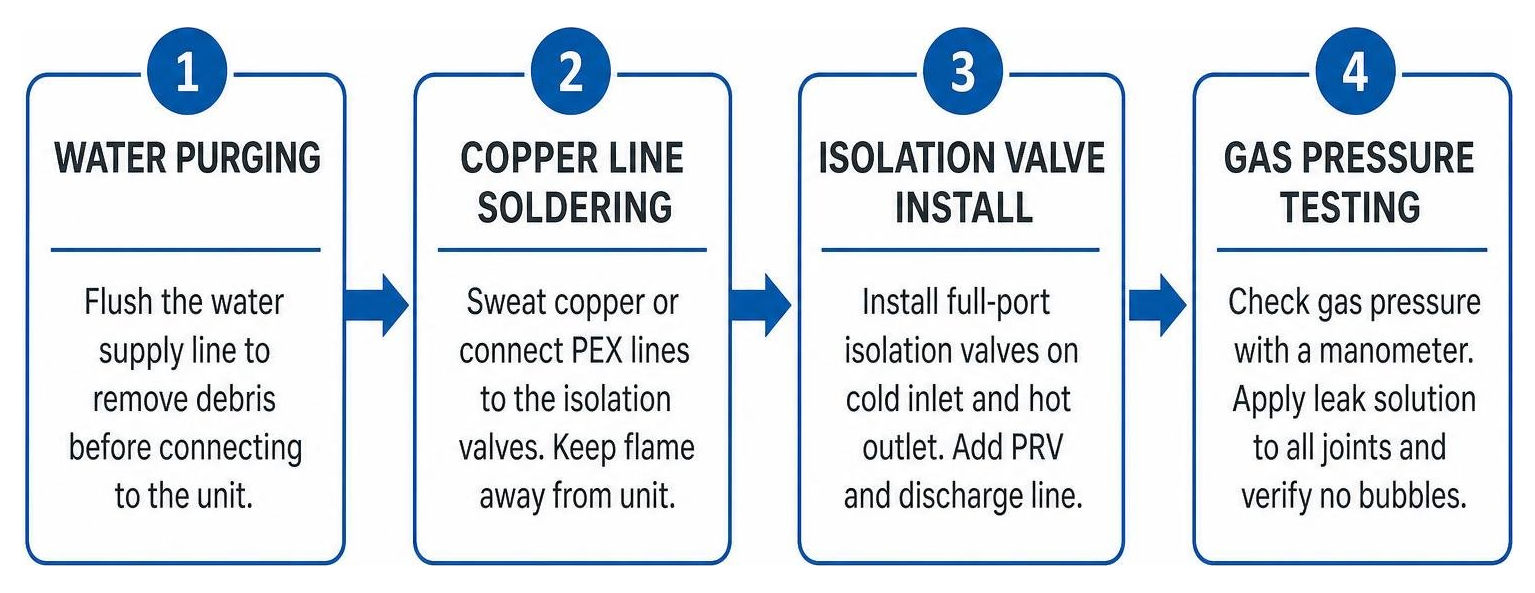 Step by step process diagram showing water purging, copper line soldering, isolation valve install, and gas pressure testing