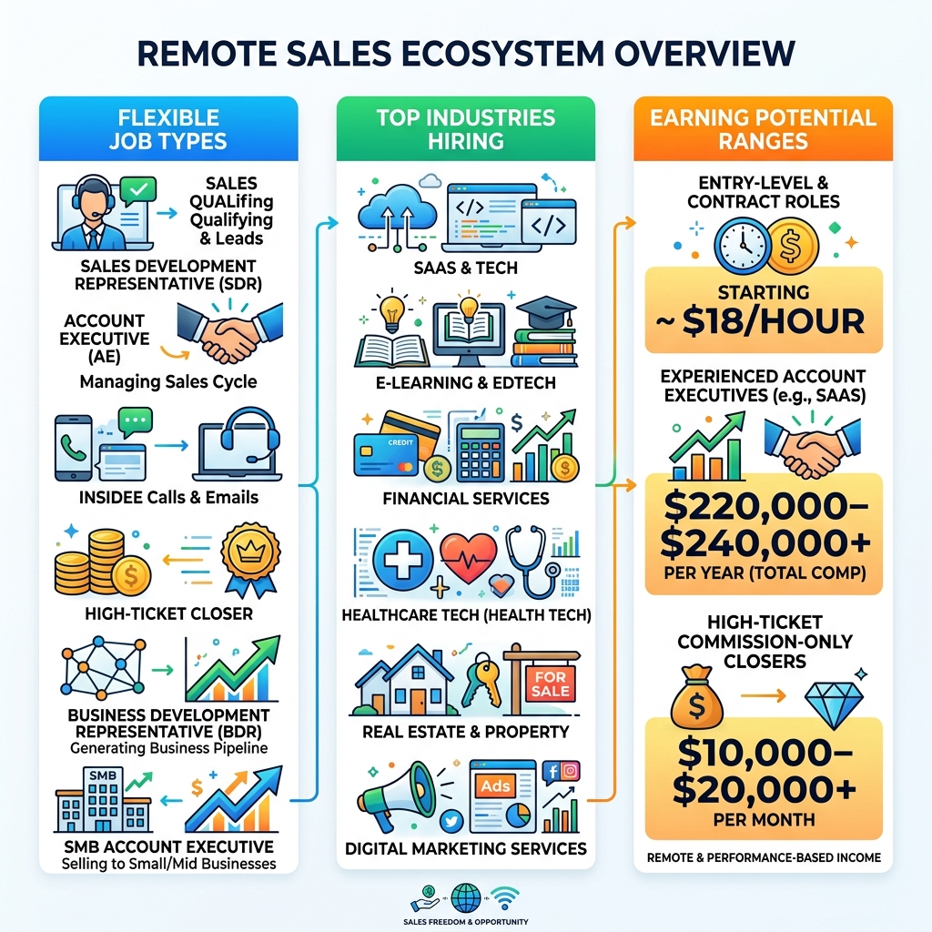Remote sales ecosystem overview showing job types, industries, and earning potential ranges - flexible remote sales jobs