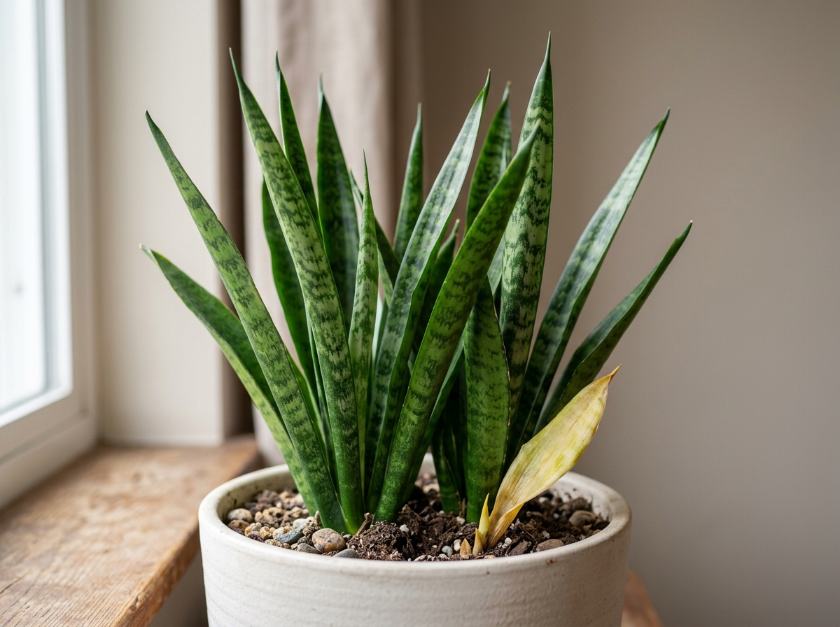 a single yellowing leaf at the base of a healthy snake plant - snake plant yellow leaves