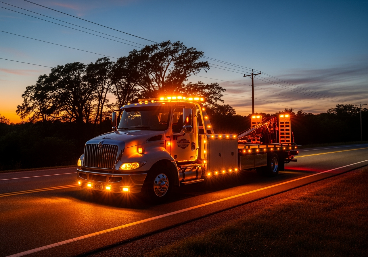 flatbed wrecker with its full LED safety lighting illuminated at dusk - flatbed wrecker truck
