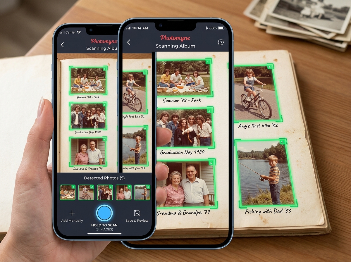 Photomyne interface showing multiple photos being detected and cropped simultaneously on an album page - best apps archive