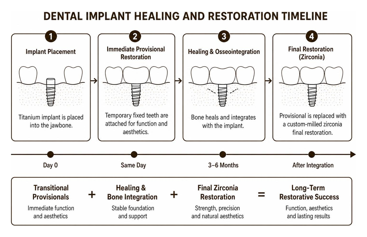 Timeline of dental implant healing and restoration phases Timeline of dental implant healing and restoration phases