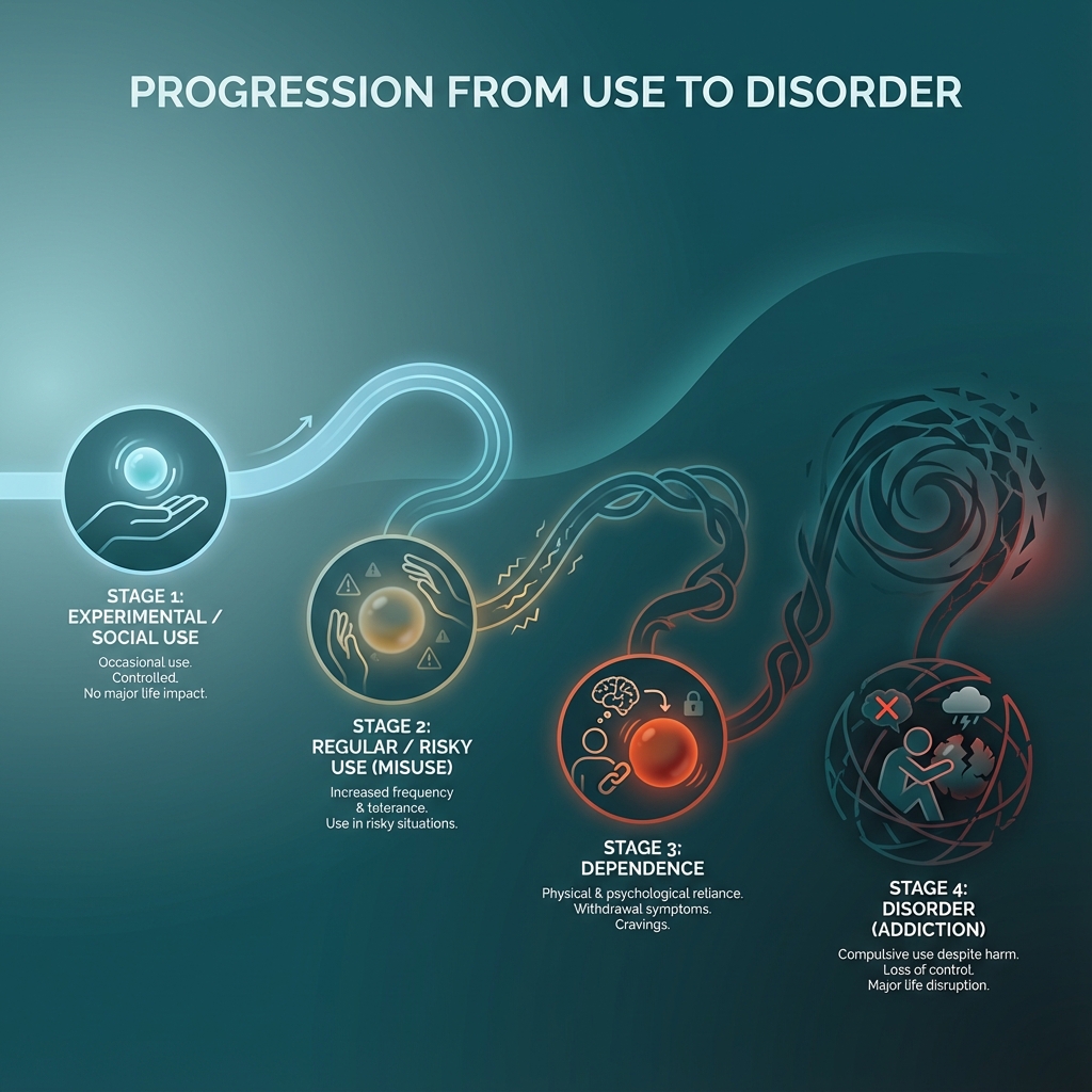 Infographic explaining the progression from substance use to disorder - 28 day rehabs near me infographic