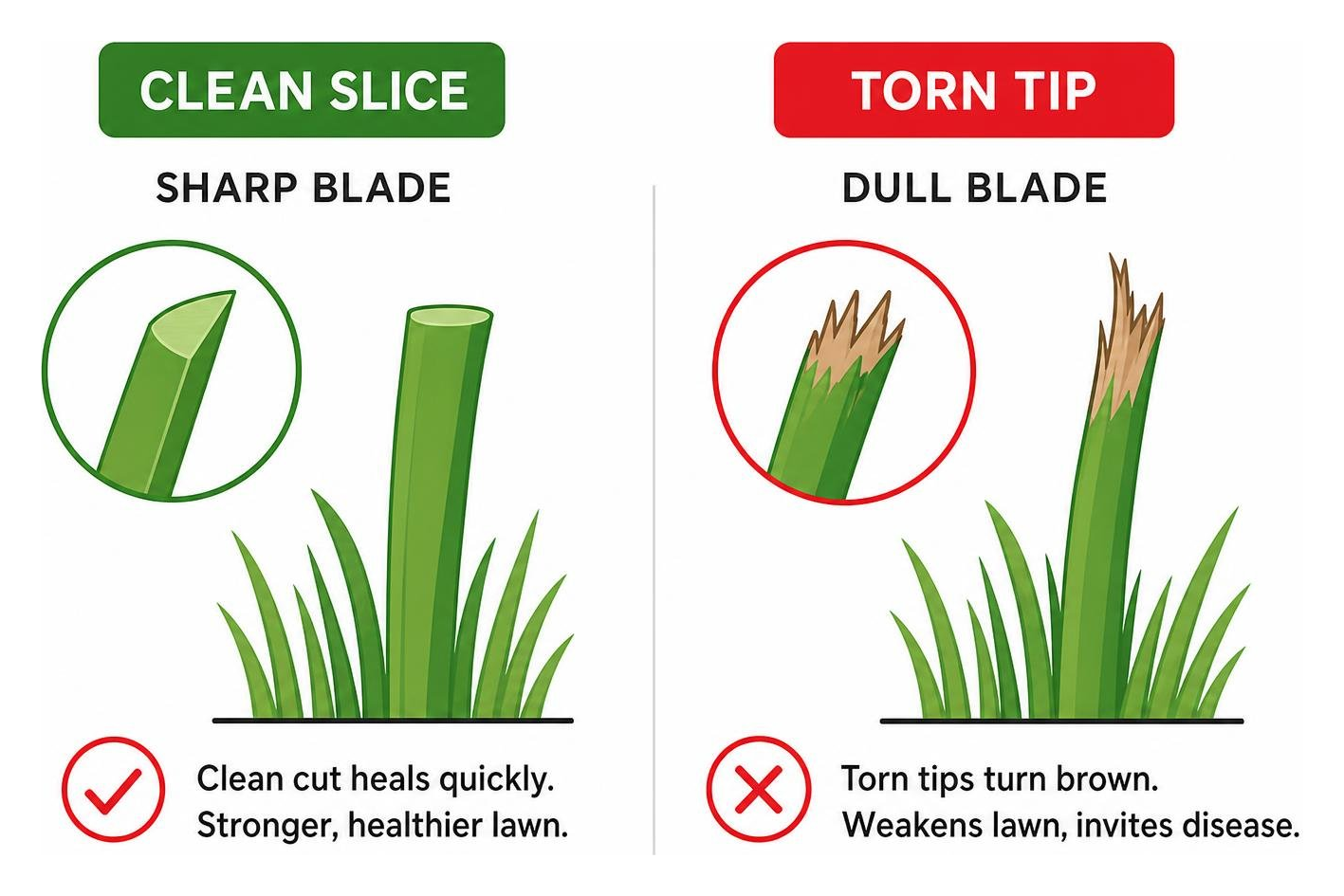 Diagram showing grass blade cut comparison clean slice versus torn brown tip Diagram showing grass blade cut comparison clean slice versus torn brown tip