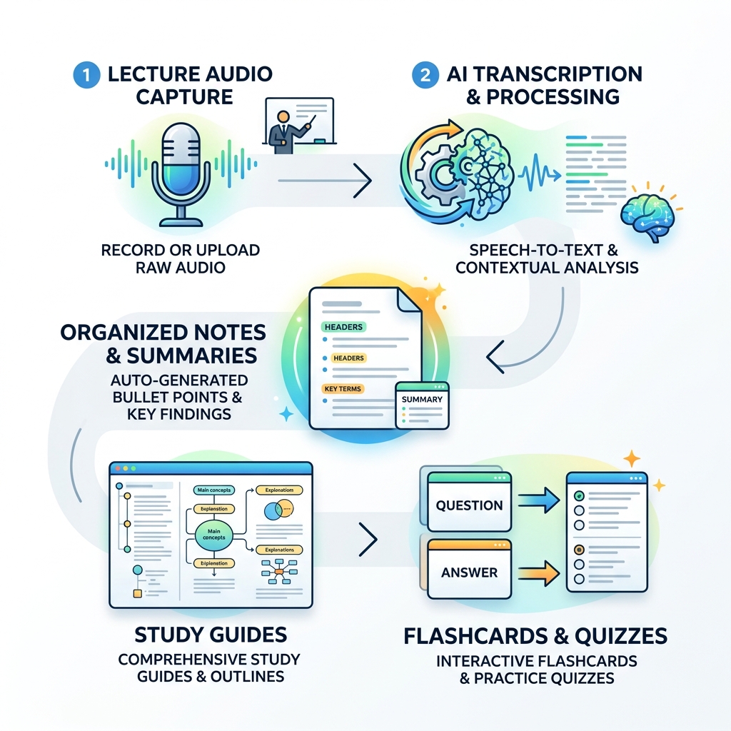 AI note-taking workflow from raw lecture audio to flashcards and study guides - ai notes for students infographic AI note-taking workflow from raw lecture audio to flashcards and study guides - ai notes for students infographic