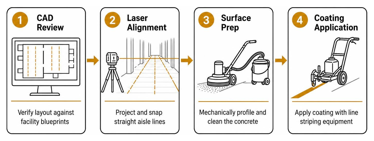 Step-by-step layout planning: CAD review, laser alignment, surface prep, and coating application Step-by-step layout planning: CAD review, laser alignment, surface prep, and coating application