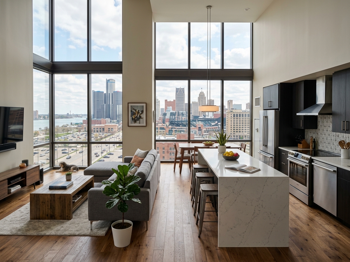 Luxury apartment interior with floor-to-ceiling windows; quartz countertops; stainless appliances; open concepts; engineered