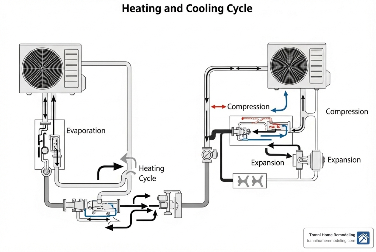 Diagram illustrating the heating and cooling cycle of a heat pump, showing refrigerant flow, evaporation, compression, condensation, and expansion processes within indoor and outdoor units - Mini Split Heating Units Diagram illustrating the heating and cooling cycle of a heat pump, showing refrigerant flow, evaporation, compression, condensation, and expansion processes within indoor and outdoor units - Mini Split Heating Units