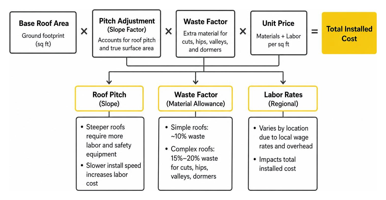 Flowchart of factors influencing total roof replacement costs including pitch, waste factor, and labor rates