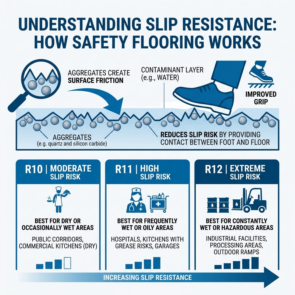 infographic showing slip resistance ratings R10 R11 R12 and how aggregates create friction in safety flooring - safety