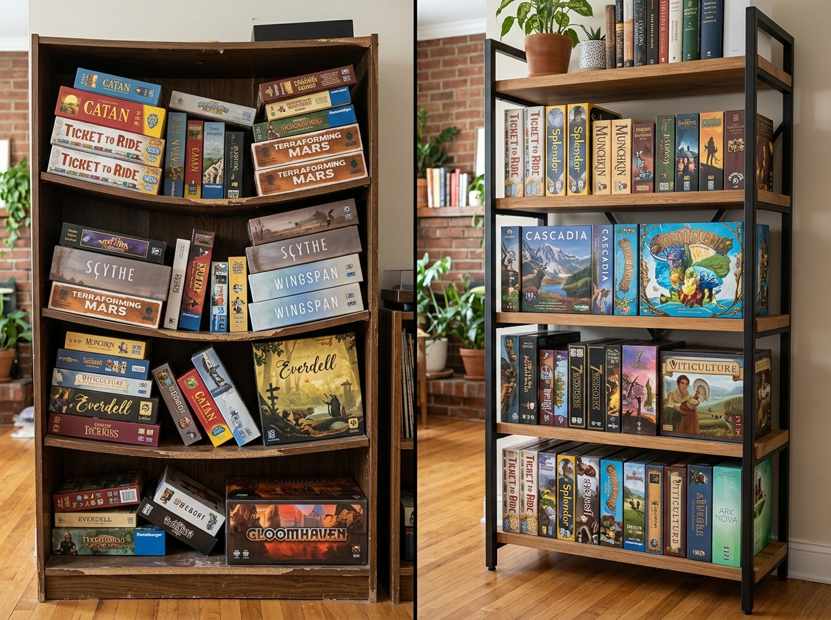 Comparison of sagging wooden shelves vs. reinforced modular units - modular shelf game units Comparison of sagging wooden shelves vs. reinforced modular units - modular shelf game units