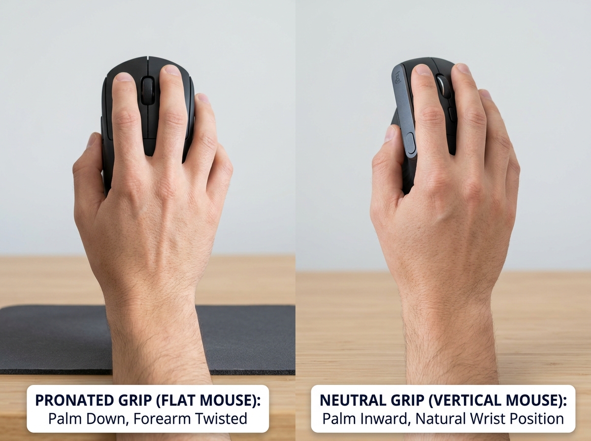 comparison of standard mouse posture showing pronation vs. neutral handshake grip - ergonomic mouse for index finger pain