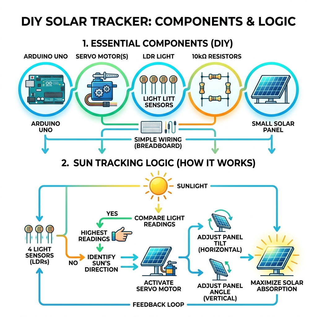 DIY solar tracker components and sun tracking logic infographic - build a solar tracker infographic 
