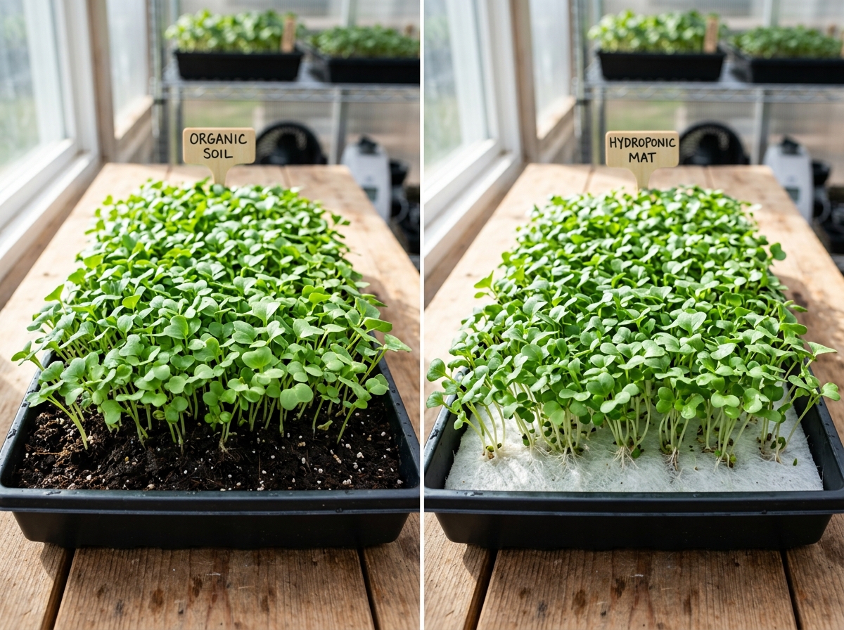 Side-by-side comparison of microgreens growing in dark organic soil and vibrant green sprouts on a white hydroponic mat