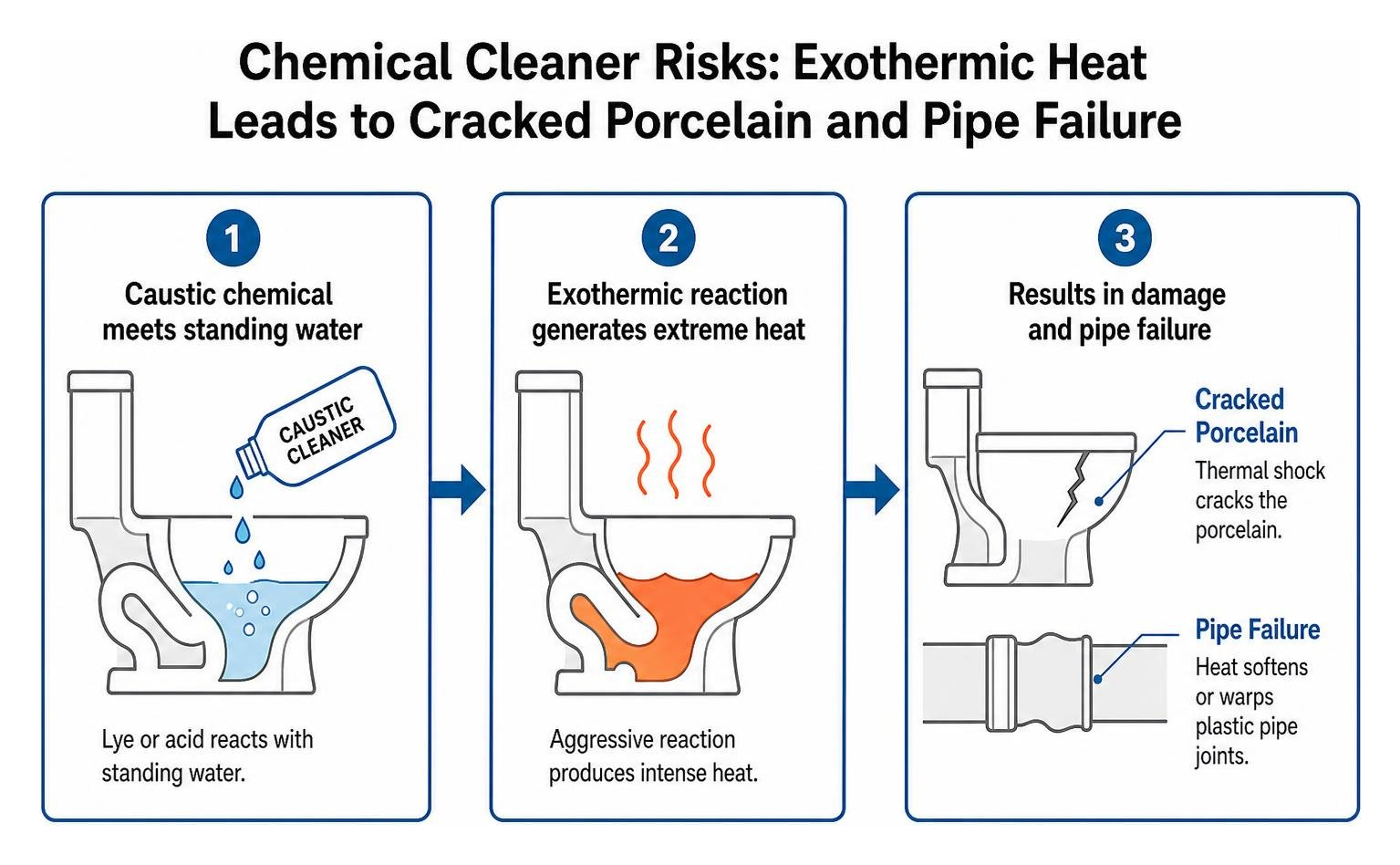 Chemical cleaner risks: exothermic heat leading to cracked porcelain and pipe failure Chemical cleaner risks: exothermic heat leading to cracked porcelain and pipe failure