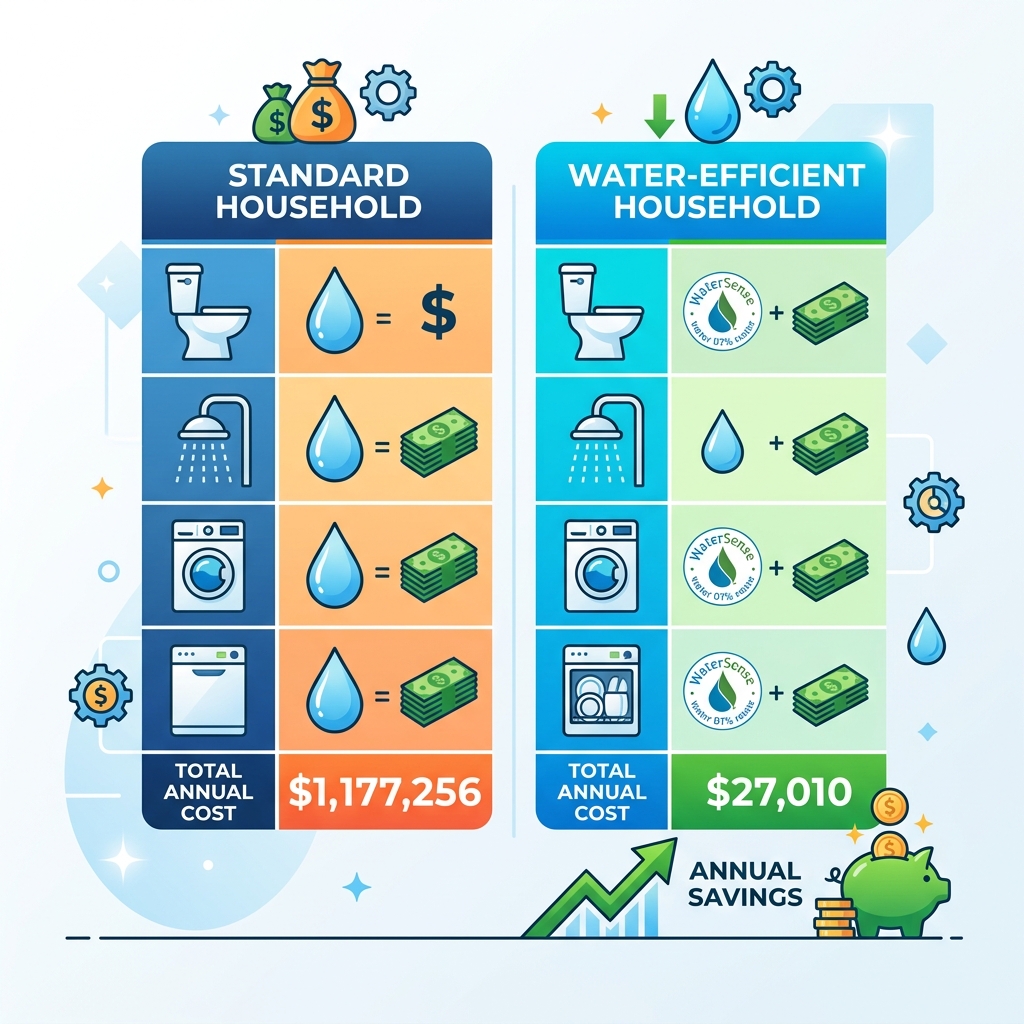 Table comparing annual costs of standard vs water efficient households - water conservation at home infographic 