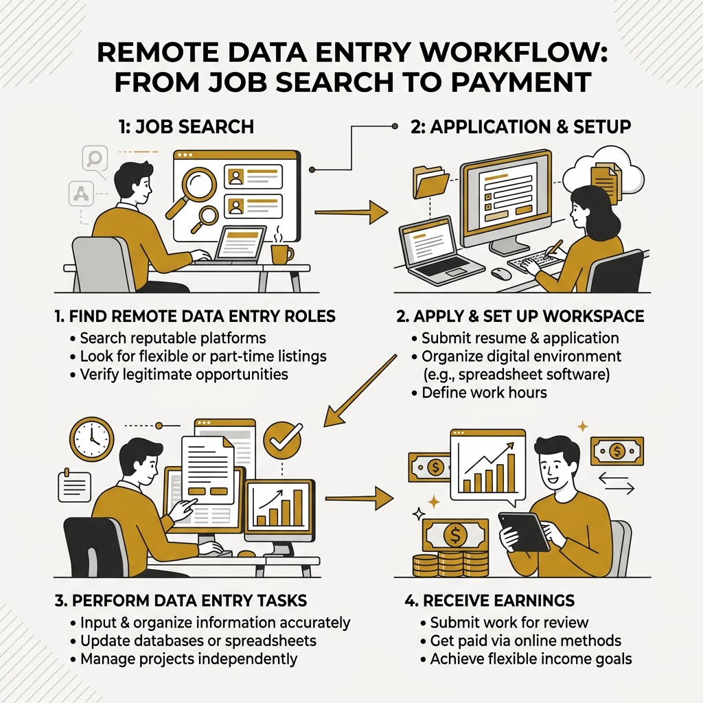 Infographic showing the remote data entry workflow from job search to task completion and payment - data entry work from Infographic showing the remote data entry workflow from job search to task completion and payment - data entry work from