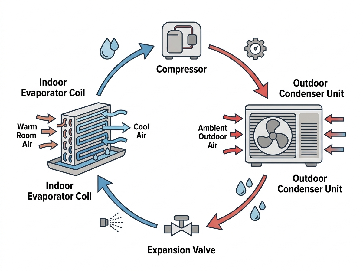 Infographic explaining the air conditioning cooling cycle: evaporation, compression, condensation, and expansion - best ac Infographic explaining the air conditioning cooling cycle: evaporation, compression, condensation, and expansion - best ac