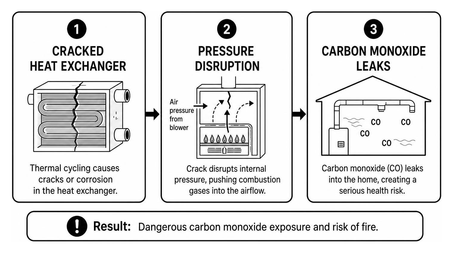 Cause and effect: cracked heat exchanger leading to pressure disruption and carbon monoxide leaks Cause and effect: cracked heat exchanger leading to pressure disruption and carbon monoxide leaks