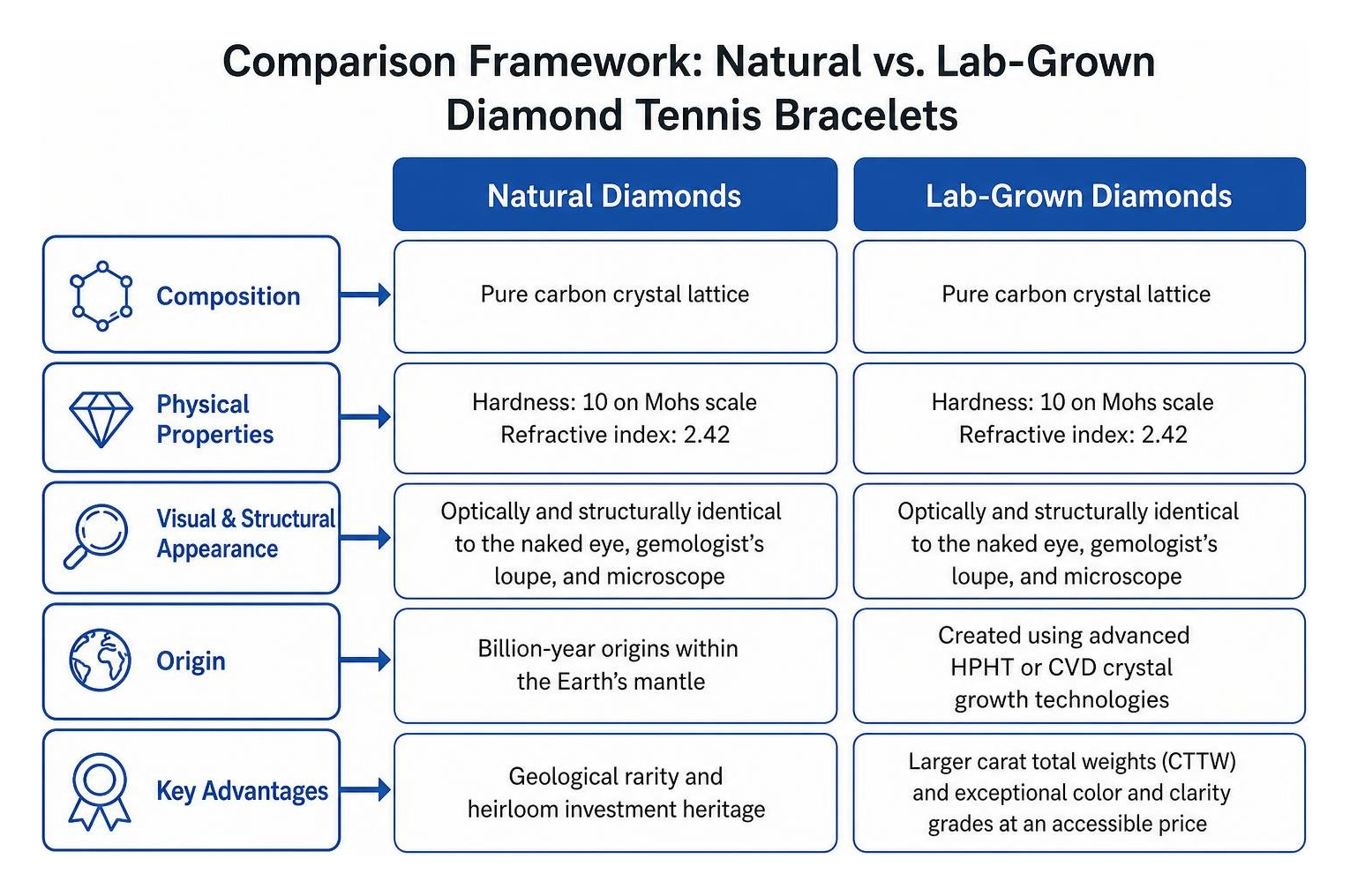 Comparison framework between natural and lab-grown diamond tennis bracelets Comparison framework between natural and lab-grown diamond tennis bracelets