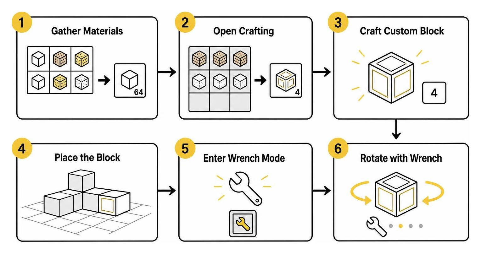 Step by step flow from gathering materials to crafting and rotating custom blocks with the wrench Step by step flow from gathering materials to crafting and rotating custom blocks with the wrench