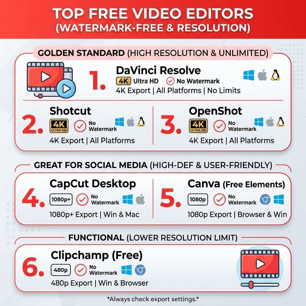 Infographic showing free video editors ranked by watermark policy, export resolution, and platform compatibility - free