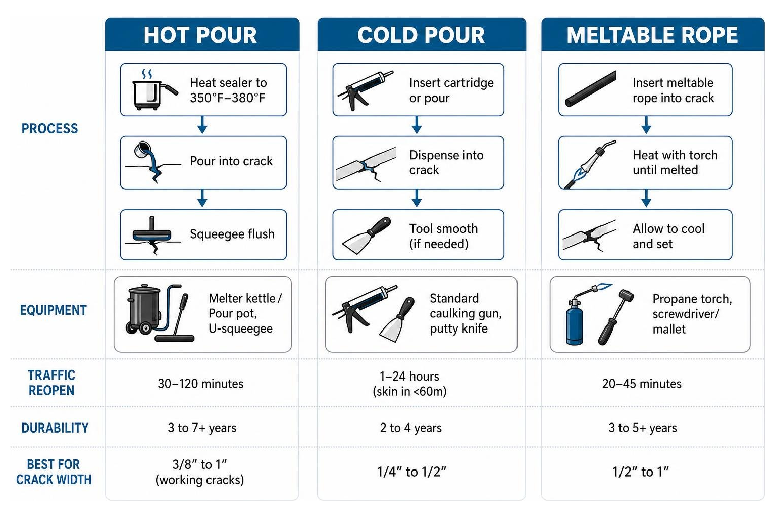 Process comparison of hot pour, cold pour, and meltable rope methods Process comparison of hot pour, cold pour, and meltable rope methods