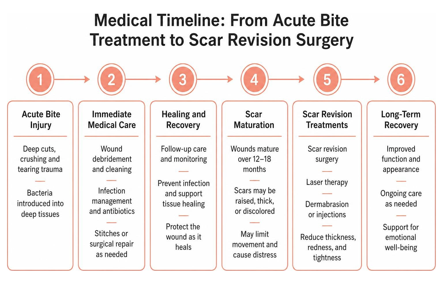 Medical timeline from acute bite treatment to scar revision surgery Medical timeline from acute bite treatment to scar revision surgery