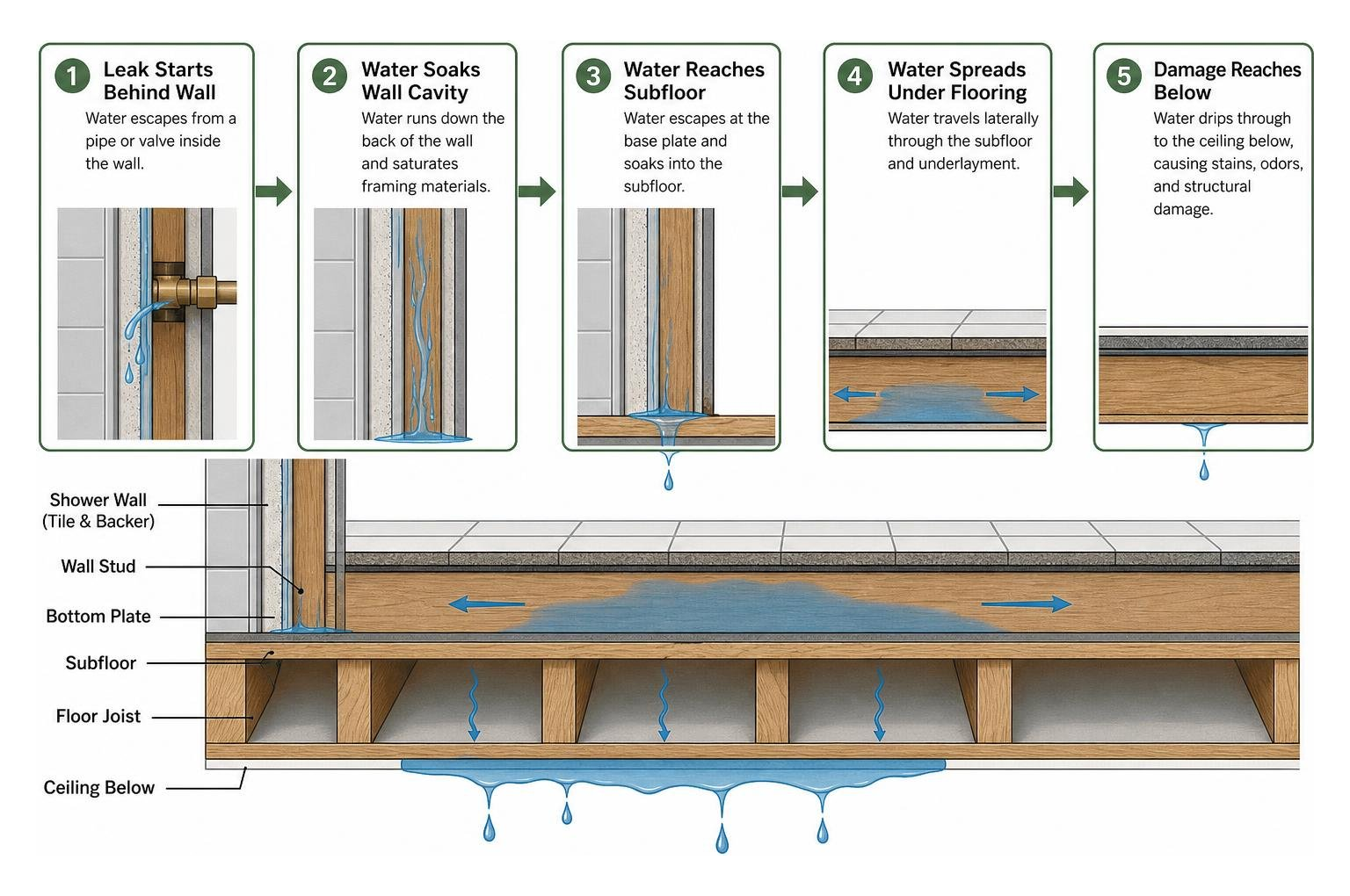 Diagram showing how a hidden wall leak spreads water damage through subfloors