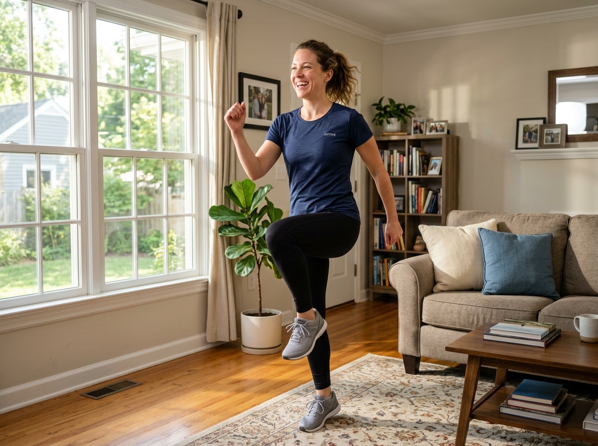 Beginner performing a dynamic warm-up in a sunlit living room - 10-minute workout for beginners