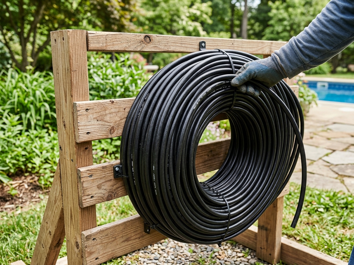 A detailed view of black irrigation hose being coiled tightly on a wooden frame - build a solar pool heater