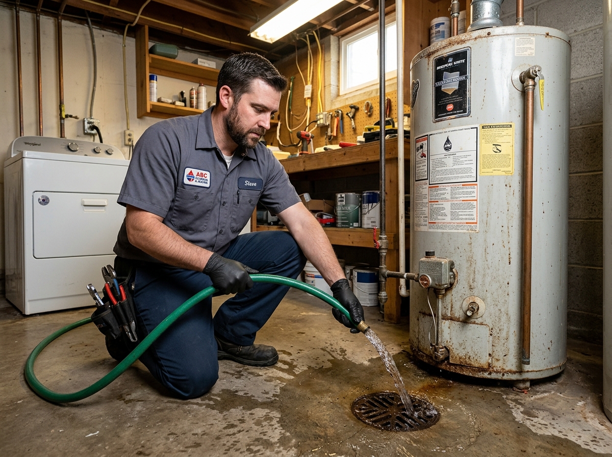 Technician draining a water heater tank into a floor drain - water heater installation Technician draining a water heater tank into a floor drain - water heater installation