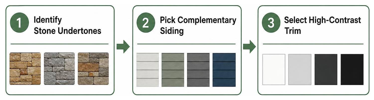 Siding and masonry design flow: identify stone undertones, pick complementary siding, select high-contrast trim Siding and masonry design flow: identify stone undertones, pick complementary siding, select high-contrast trim