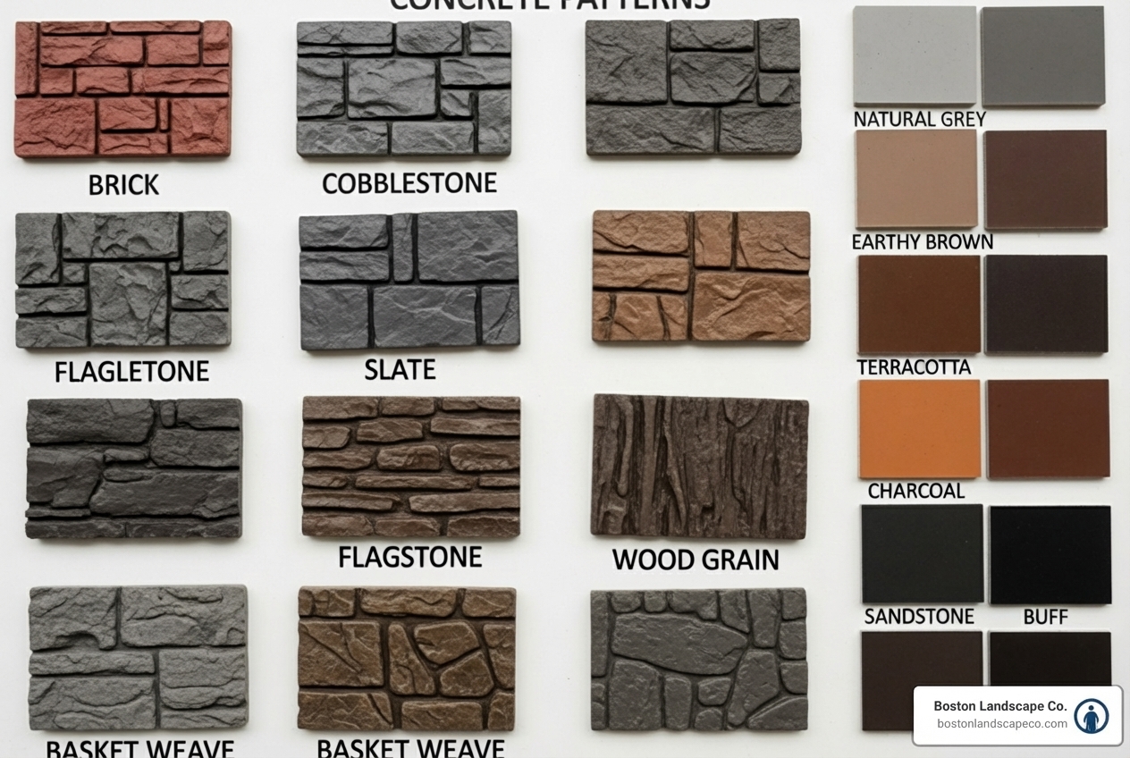 chart showing various concrete curbing stamp patterns and color options - concrete curbing contractors