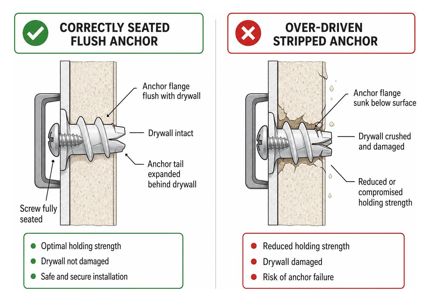 Comparison of correctly seated flush anchor versus over-driven stripped anchor Comparison of correctly seated flush anchor versus over-driven stripped anchor