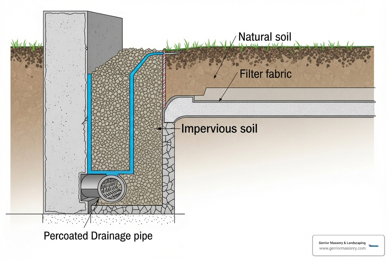 Cross-section of a retaining wall with drainage pipe, gravel backfill, filter fabric, and impervious soil layer - how to build a rock wall